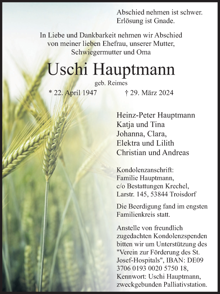  Traueranzeige für Uschi Hauptmann vom 13.04.2024 aus Kölner Stadt-Anzeiger / Kölnische Rundschau / Express