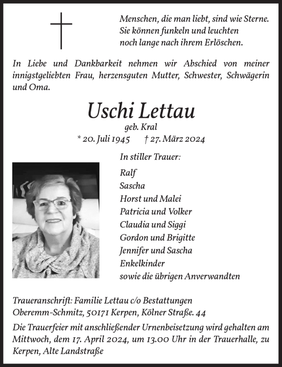 Anzeige von Uschi Lettau von  Werbepost 