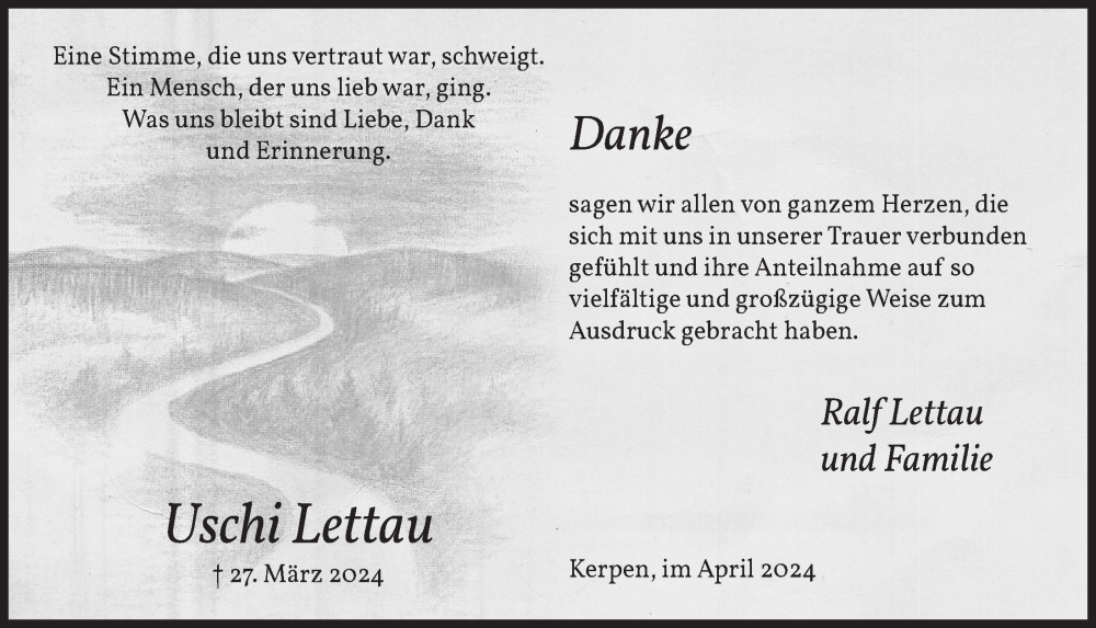  Traueranzeige für Uschi Lettau vom 26.04.2024 aus  Werbepost 