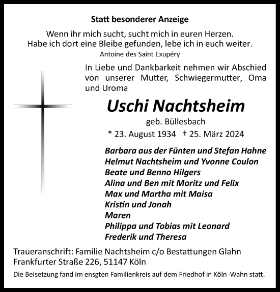 Anzeige von Uschi Nachtsheim von Kölner Stadt-Anzeiger / Kölnische Rundschau / Express