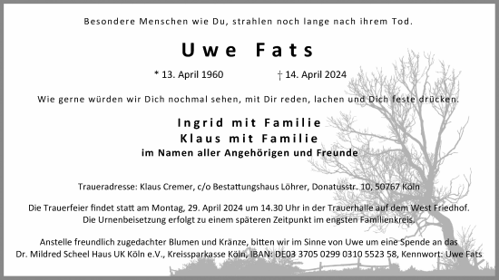 Anzeige von Uwe Fats von Kölner Stadt-Anzeiger / Kölnische Rundschau / Express