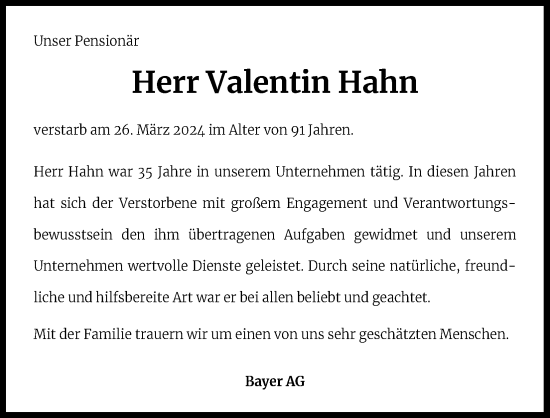 Anzeige von Valentin Hahn von Kölner Stadt-Anzeiger / Kölnische Rundschau / Express