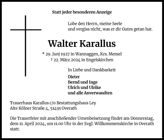 Anzeige von Walter Karallus von Kölner Stadt-Anzeiger / Kölnische Rundschau / Express