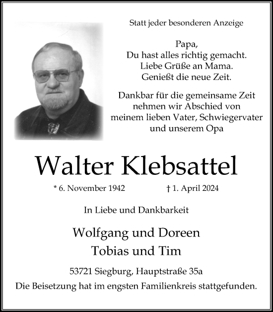Anzeige von Walter Klebsattel von Kölner Stadt-Anzeiger / Kölnische Rundschau / Express
