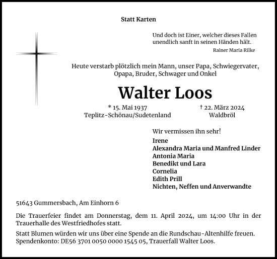 Anzeige von Walter Loos von Kölner Stadt-Anzeiger / Kölnische Rundschau / Express