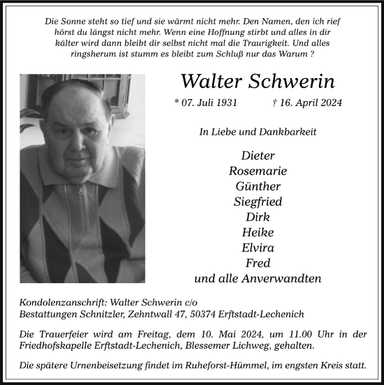 Anzeige von Walter Schwerin von  Werbepost 