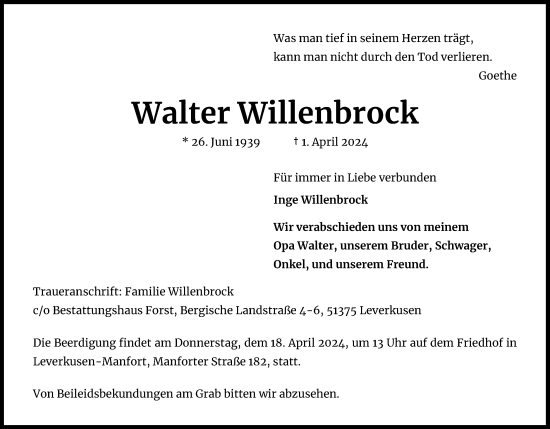 Anzeige von Walter Willenbrock von Kölner Stadt-Anzeiger / Kölnische Rundschau / Express