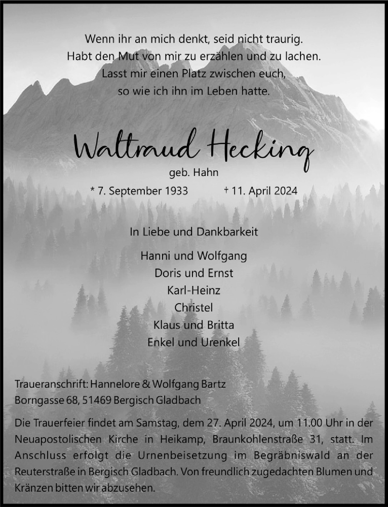  Traueranzeige für Waltraud Hecking vom 19.04.2024 aus  Bergisches Handelsblatt 