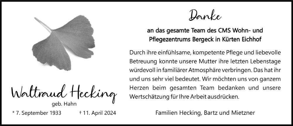  Traueranzeige für Waltraud Hecking vom 19.04.2024 aus  Bergisches Handelsblatt 