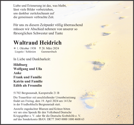 Anzeige von Waltraud Heidrich von Kölner Stadt-Anzeiger / Kölnische Rundschau / Express