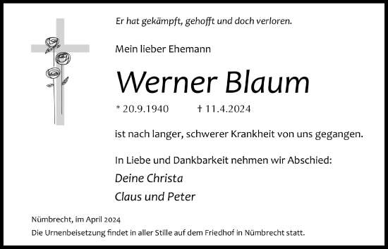 Anzeige von Werner Blaum von  Lokalanzeiger 