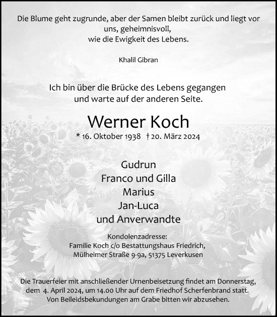 Anzeige von Werner Koch von Kölner Stadt-Anzeiger / Kölnische Rundschau / Express