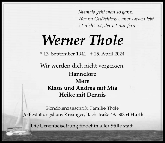 Anzeige von Werner Thole von  Wochenende 