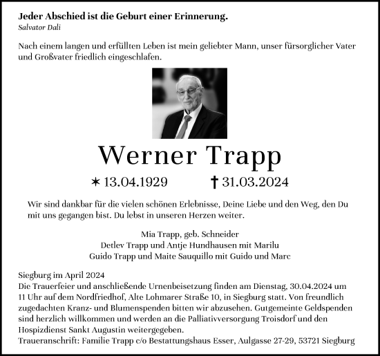Anzeige von Werner Trapp von Kölner Stadt-Anzeiger / Kölnische Rundschau / Express