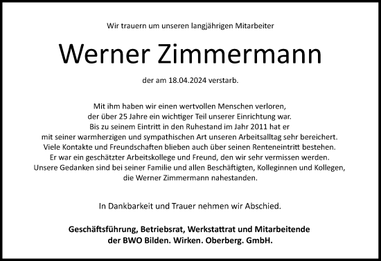 Anzeige von Werner Zimmermann von Kölner Stadt-Anzeiger / Kölnische Rundschau / Express