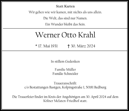 Anzeige von Werner Otto Krahl von  Werbepost 