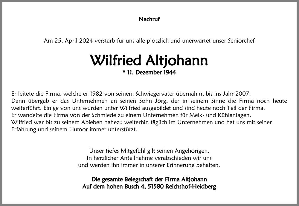  Traueranzeige für Wilfried Altjohann vom 30.04.2024 aus Kölner Stadt-Anzeiger / Kölnische Rundschau / Express