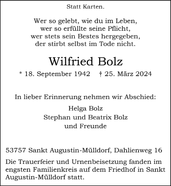 Anzeige von Wilfried Bolz von  Extra Blatt 