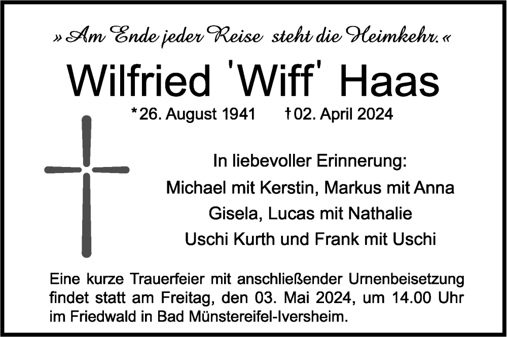  Traueranzeige für Wilfried Haas vom 27.04.2024 aus Kölner Stadt-Anzeiger / Kölnische Rundschau / Express