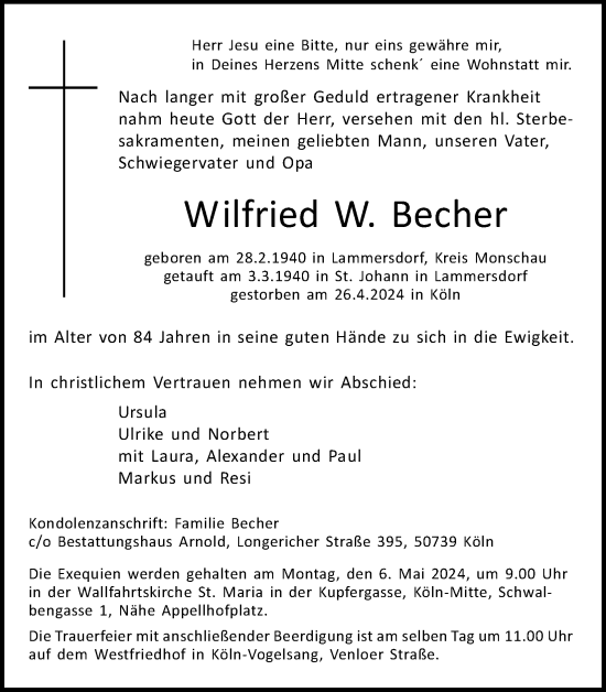 Anzeige von Wilfried W. Becher von Kölner Stadt-Anzeiger / Kölnische Rundschau / Express