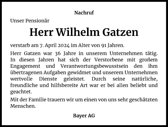 Anzeige von Wilhelm Gatzen von Kölner Stadt-Anzeiger / Kölnische Rundschau / Express