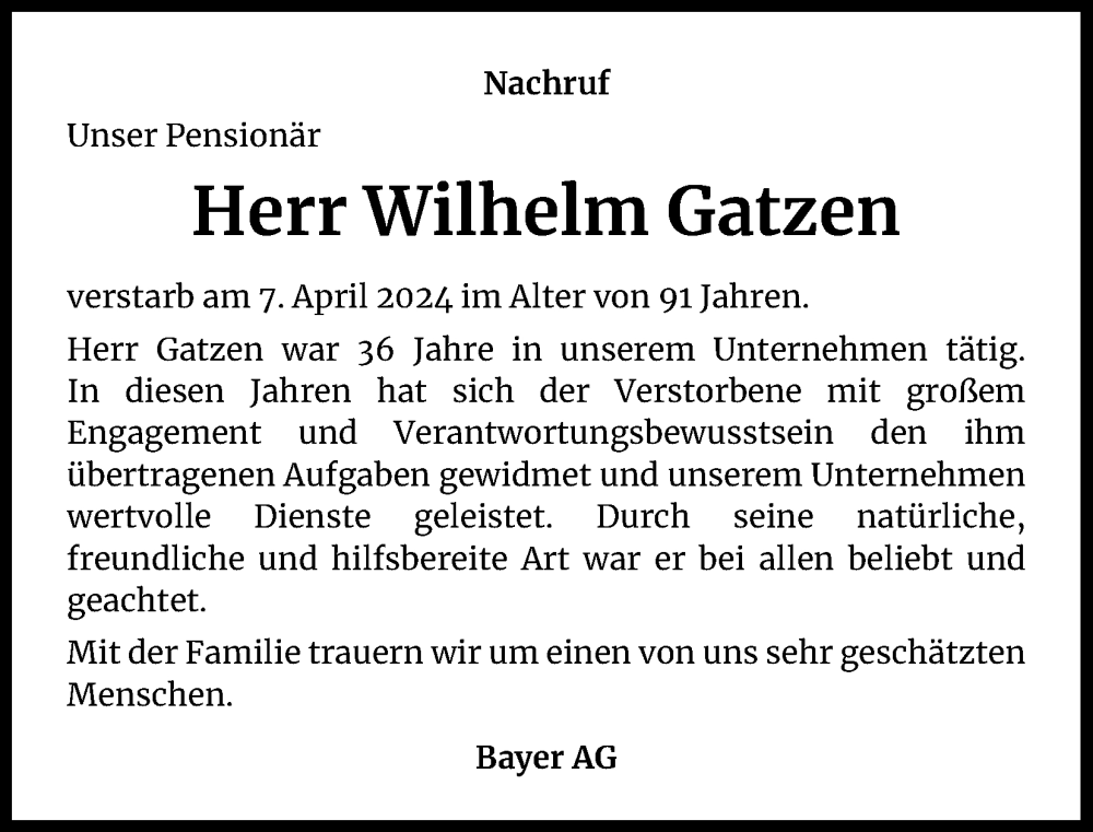  Traueranzeige für Wilhelm Gatzen vom 25.04.2024 aus Kölner Stadt-Anzeiger / Kölnische Rundschau / Express