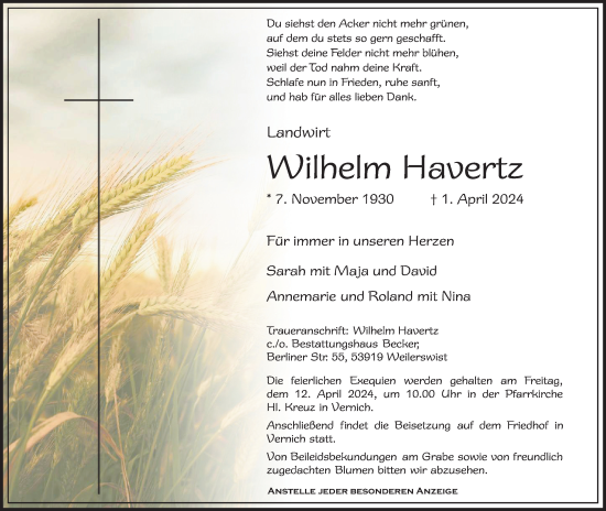 Anzeige von Wilhelm Havertz von Kölner Stadt-Anzeiger / Kölnische Rundschau / Express