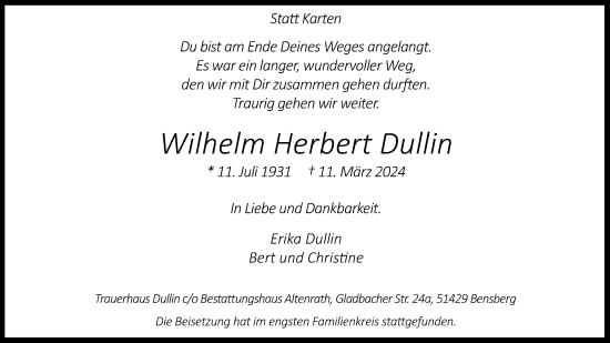 Anzeige von Wilhelm Herbert Dullin von Kölner Stadt-Anzeiger / Kölnische Rundschau / Express