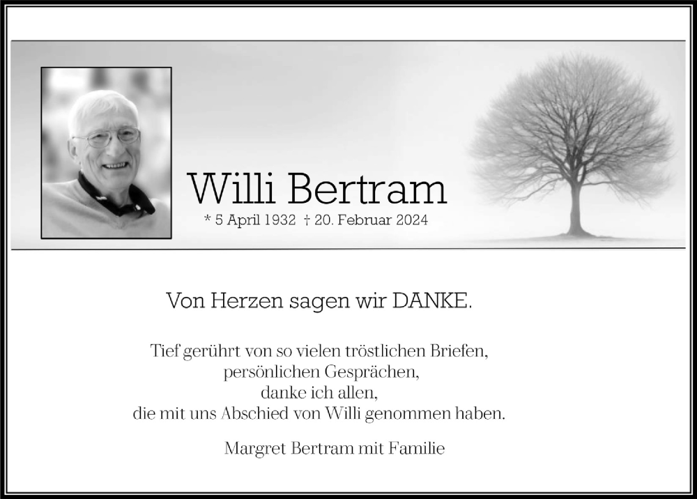  Traueranzeige für Willi Bertram vom 26.04.2024 aus  Werbepost 