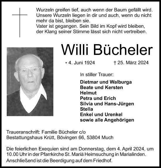Anzeige von Willi Bücheler von Kölner Stadt-Anzeiger / Kölnische Rundschau / Express