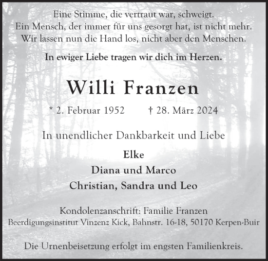 Anzeige von Willi Franzen von  Blickpunkt Euskirchen 