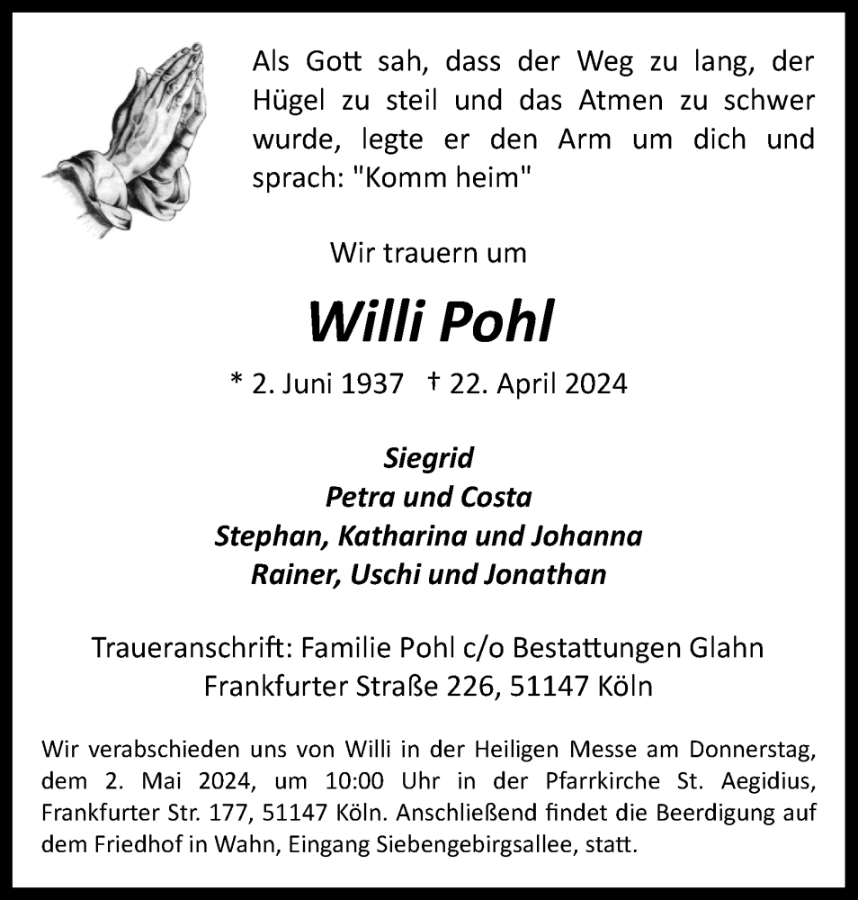  Traueranzeige für Willi Pohl vom 27.04.2024 aus Kölner Stadt-Anzeiger / Kölnische Rundschau / Express