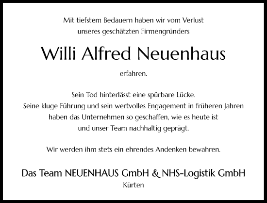 Anzeige von Willi Alfred Neuenhaus von Kölner Stadt-Anzeiger / Kölnische Rundschau / Express