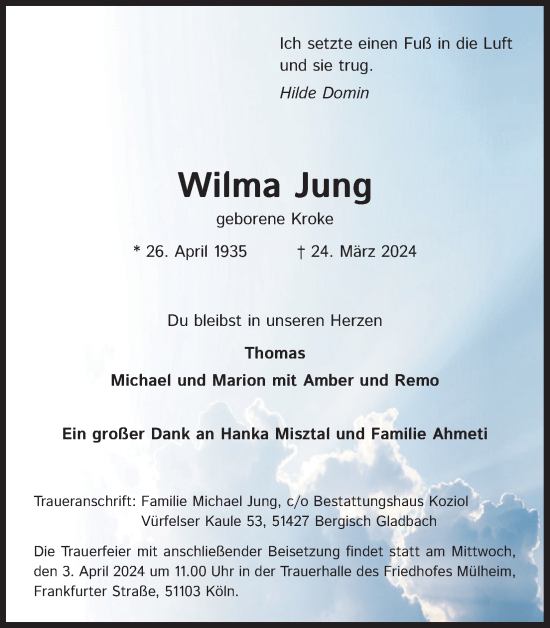 Anzeige von Wilma Jung von Kölner Stadt-Anzeiger / Kölnische Rundschau / Express