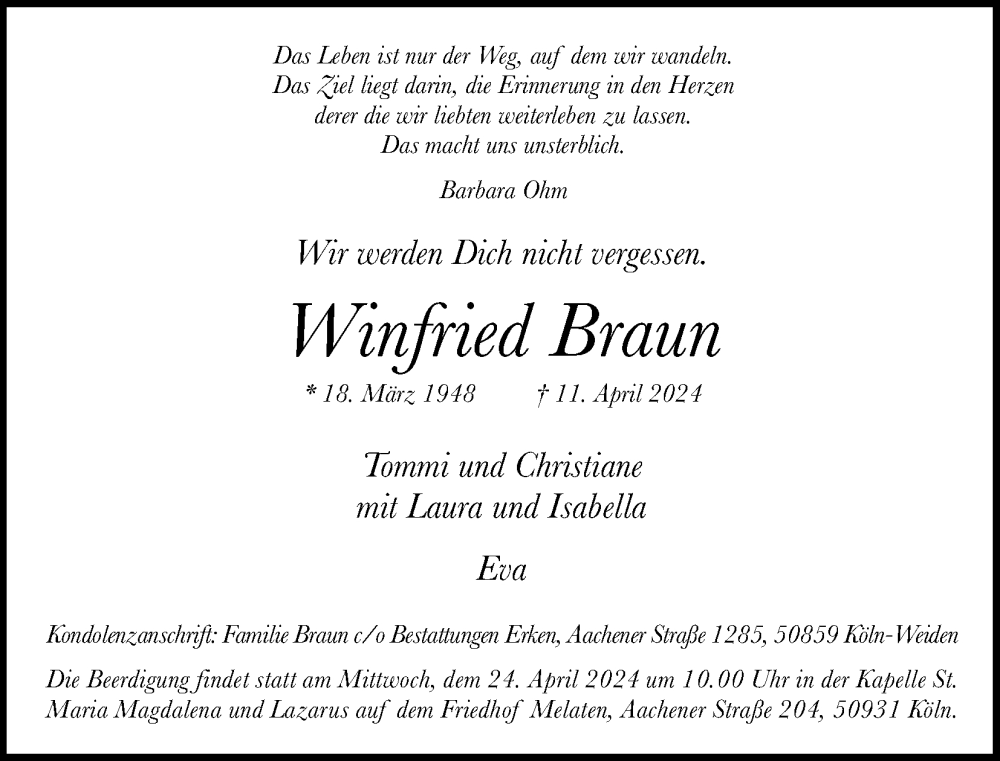  Traueranzeige für Winfried Braun vom 20.04.2024 aus Kölner Stadt-Anzeiger / Kölnische Rundschau / Express