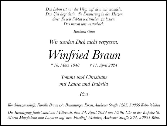 Anzeige von Winfried Braun von Kölner Stadt-Anzeiger / Kölnische Rundschau / Express