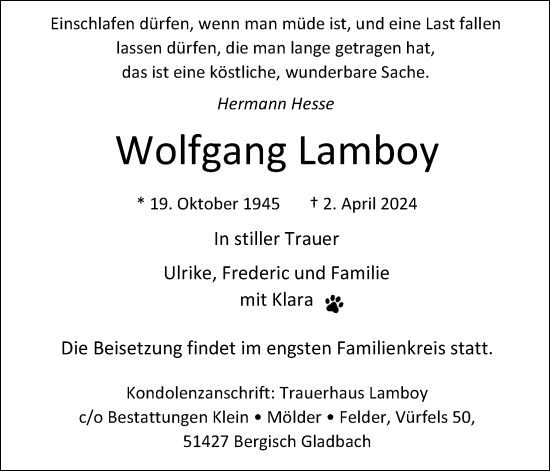 Anzeige von Wolfgang Lamboy von Kölner Stadt-Anzeiger / Kölnische Rundschau / Express