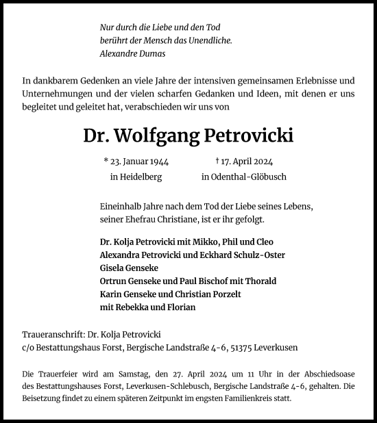 Anzeige von Wolfgang Petrovicki von Kölner Stadt-Anzeiger / Kölnische Rundschau / Express