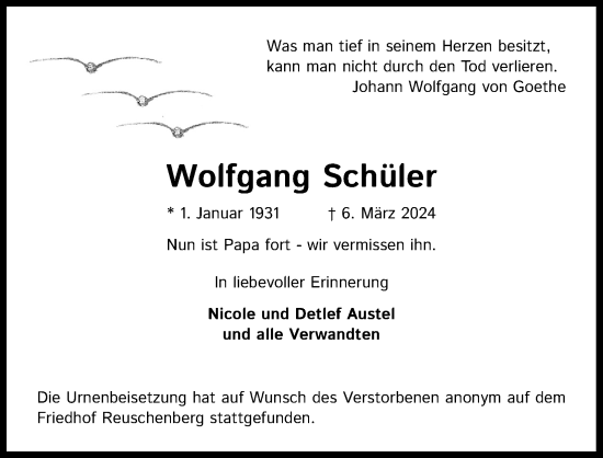 Anzeige von Wolfgang Schüler von Kölner Stadt-Anzeiger / Kölnische Rundschau / Express