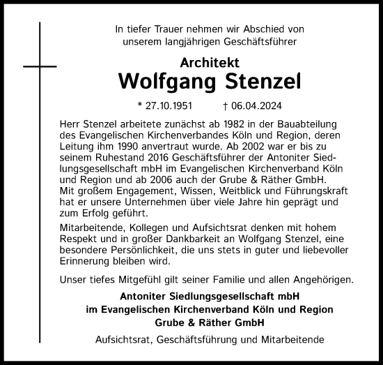 Anzeige von Wolfgang Stenzel von Kölner Stadt-Anzeiger / Kölnische Rundschau / Express