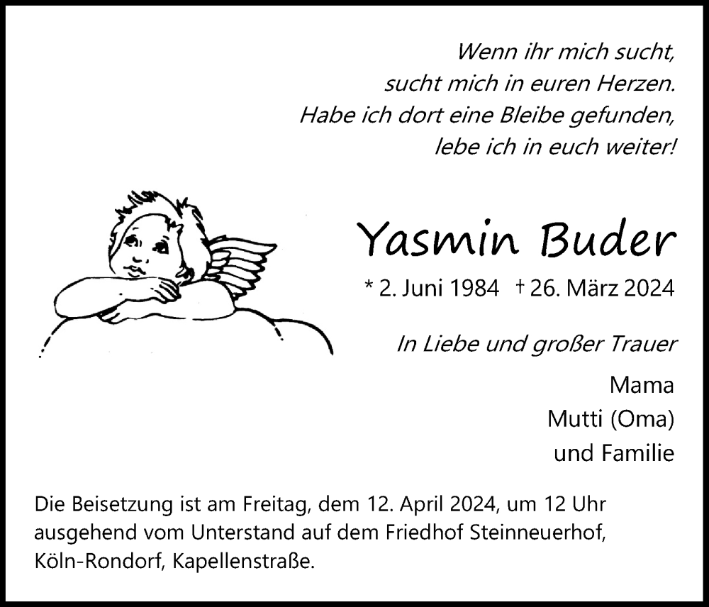  Traueranzeige für Yasmin Buder vom 06.04.2024 aus Kölner Stadt-Anzeiger / Kölnische Rundschau / Express