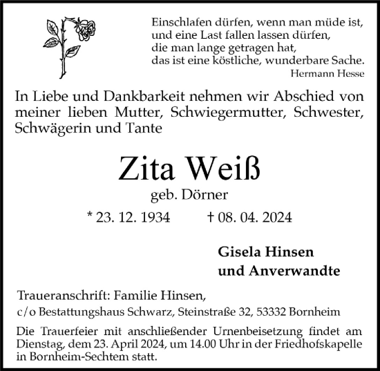 Anzeige von Zita Weiß von  Schlossbote/Werbekurier 