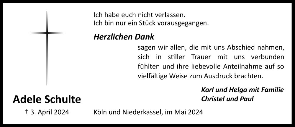  Traueranzeige für Adele Schulte vom 10.05.2024 aus  EXPRESS - Die Woche 