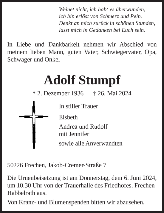 Anzeige von Adolf Stumpf von  Wochenende 