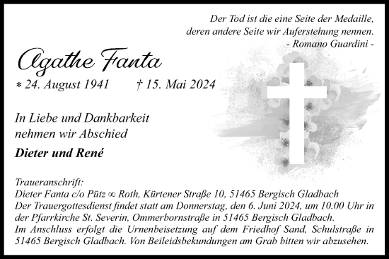 Anzeige von Agathe Fanta von Kölner Stadt-Anzeiger / Kölnische Rundschau / Express