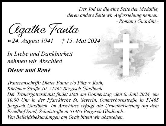 Anzeige von Agathe Fanta von  Bergisches Handelsblatt 