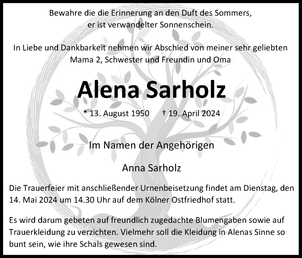  Traueranzeige für Alena Sarholz vom 11.05.2024 aus Kölner Stadt-Anzeiger / Kölnische Rundschau / Express