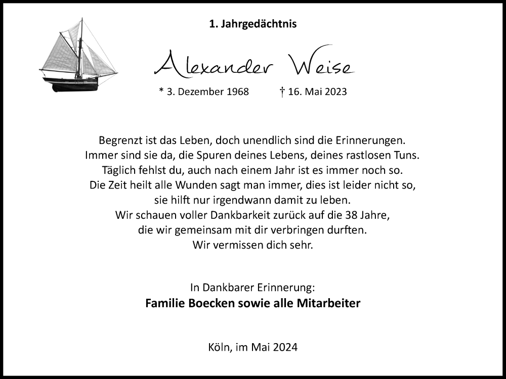  Traueranzeige für Alexander Weise vom 18.07.2023 aus Kölner Stadt-Anzeiger / Kölnische Rundschau / Express