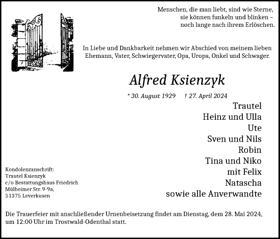 Anzeige von Alfred Ksienzyk von Kölner Stadt-Anzeiger / Kölnische Rundschau / Express