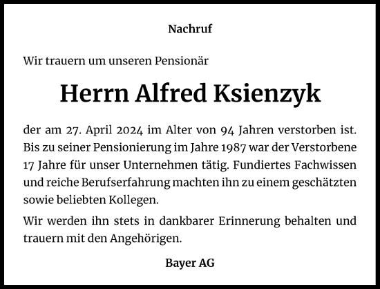 Anzeige von Alfred Ksienzyk von Kölner Stadt-Anzeiger / Kölnische Rundschau / Express
